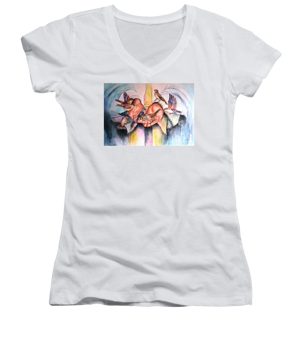 Birds Women's V-Neck featuring the painting In His Hands by Hazel Holland