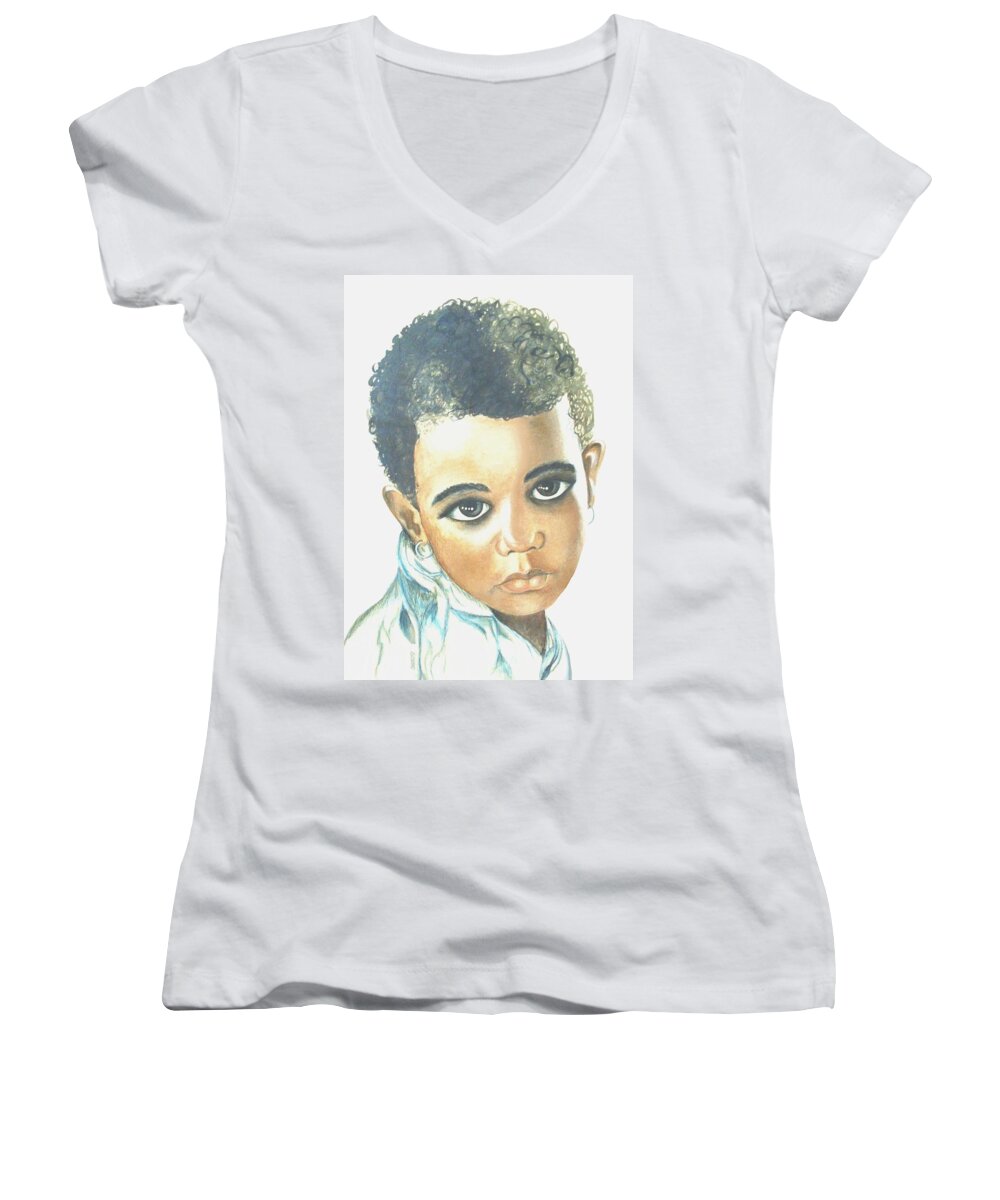Young Girl Women's V-Neck featuring the painting Innocent Sorrow by SophiaArt Gallery