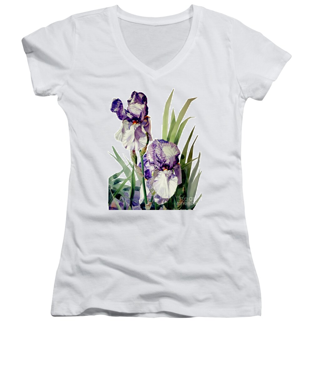 Watercolor Women's V-Neck featuring the painting Watercolor of a Tall Bearded Iris in Violet and White by Greta Corens