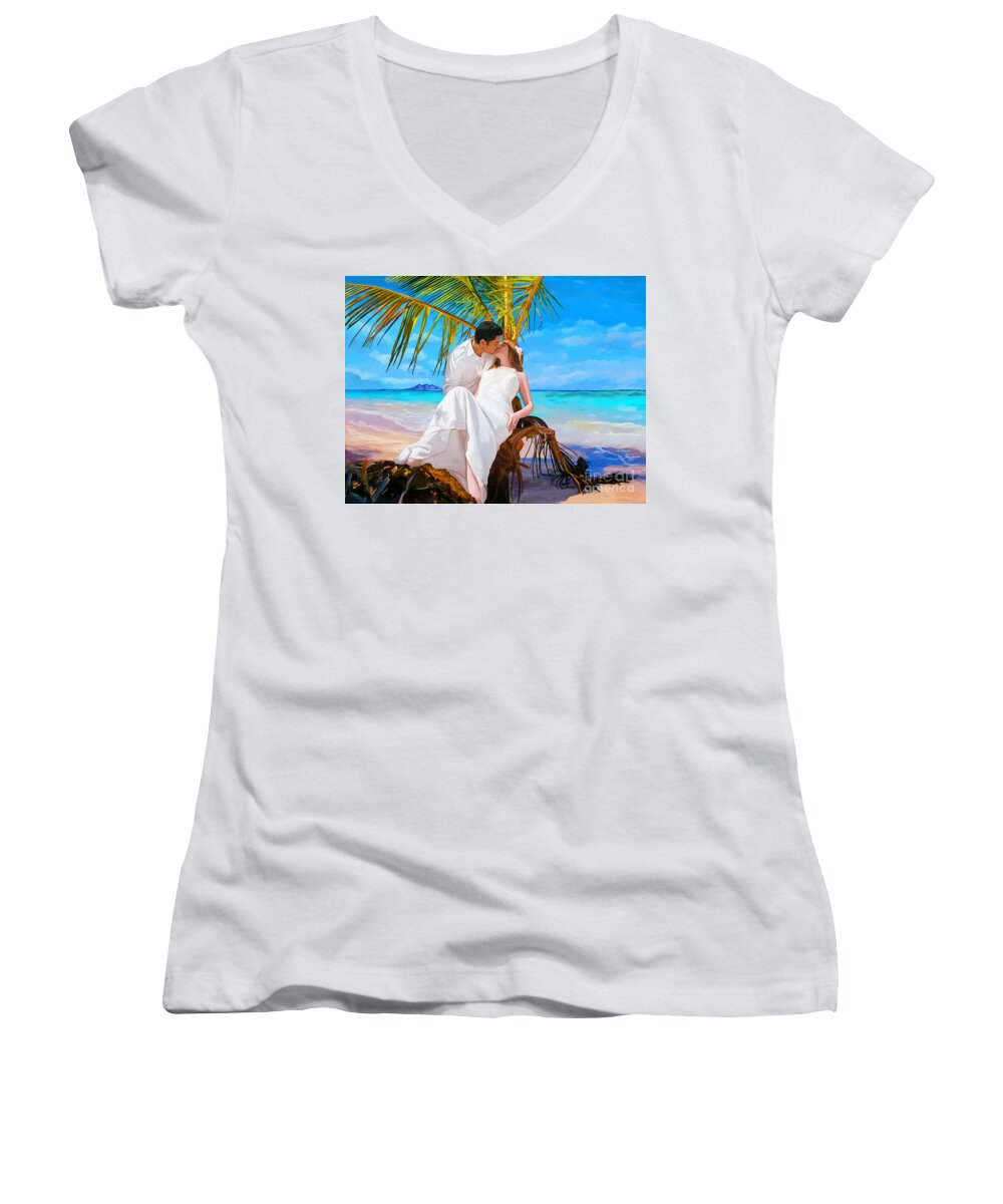 Honeymoon Women's V-Neck featuring the painting Island Honeymoon by Tim Gilliland