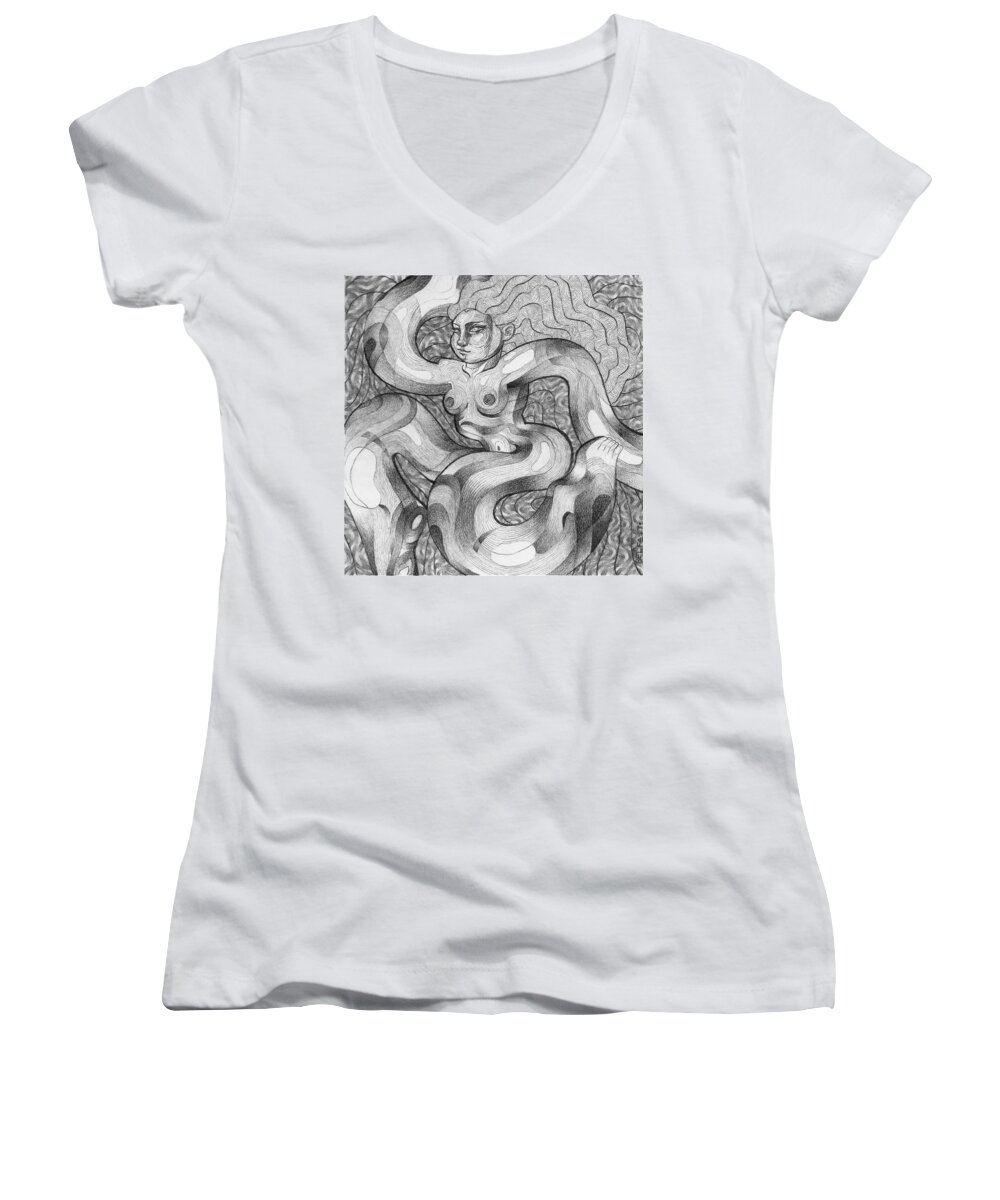 Art Women's V-Neck featuring the drawing It Wiggles by Myron Belfast