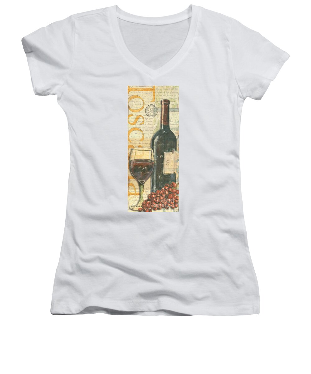 Wine Women's V-Neck featuring the painting Italian Wine and Grapes by Debbie DeWitt