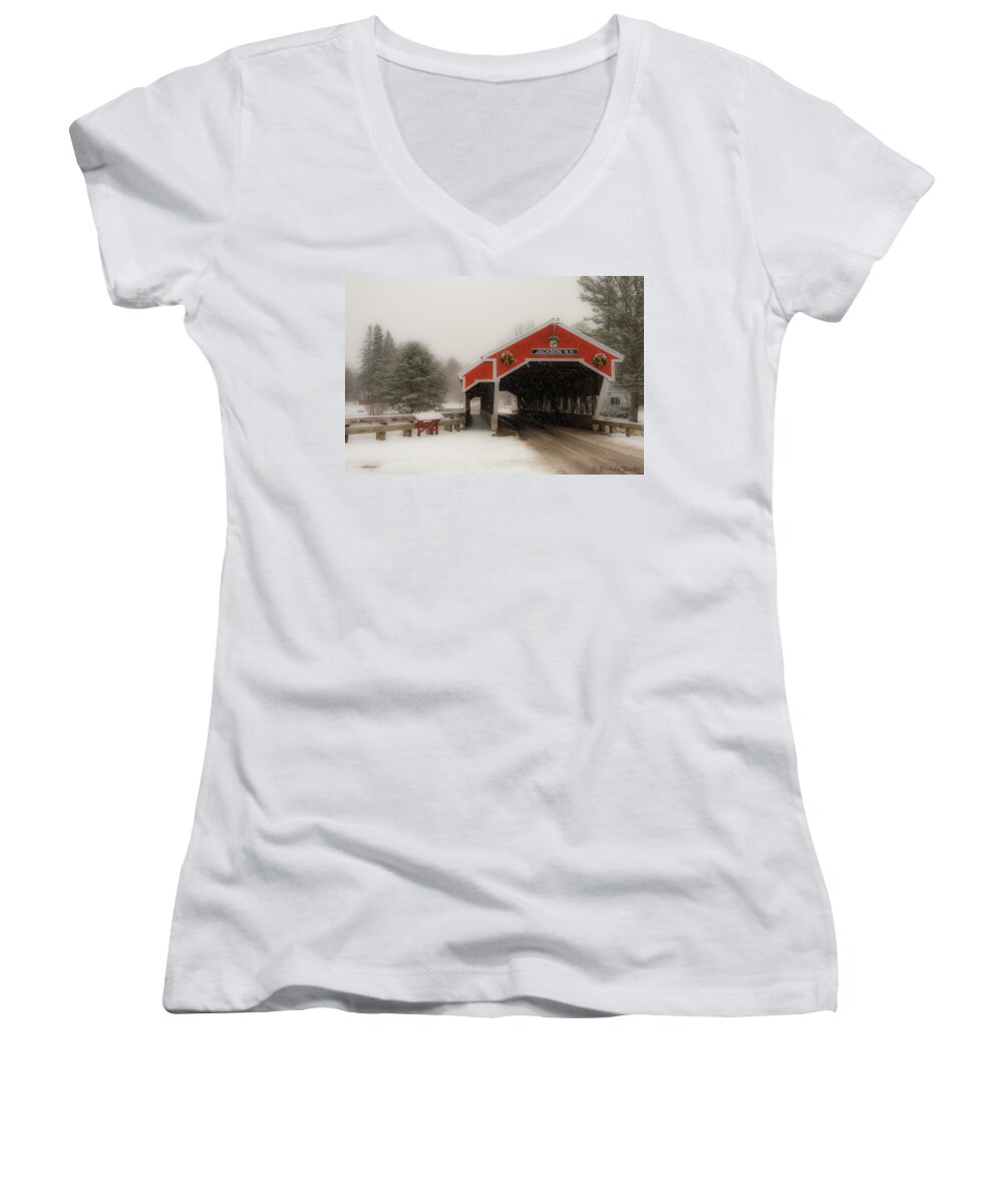 Covered Bridge Women's V-Neck featuring the photograph Jackson NH Covered Bridge by Brenda Jacobs
