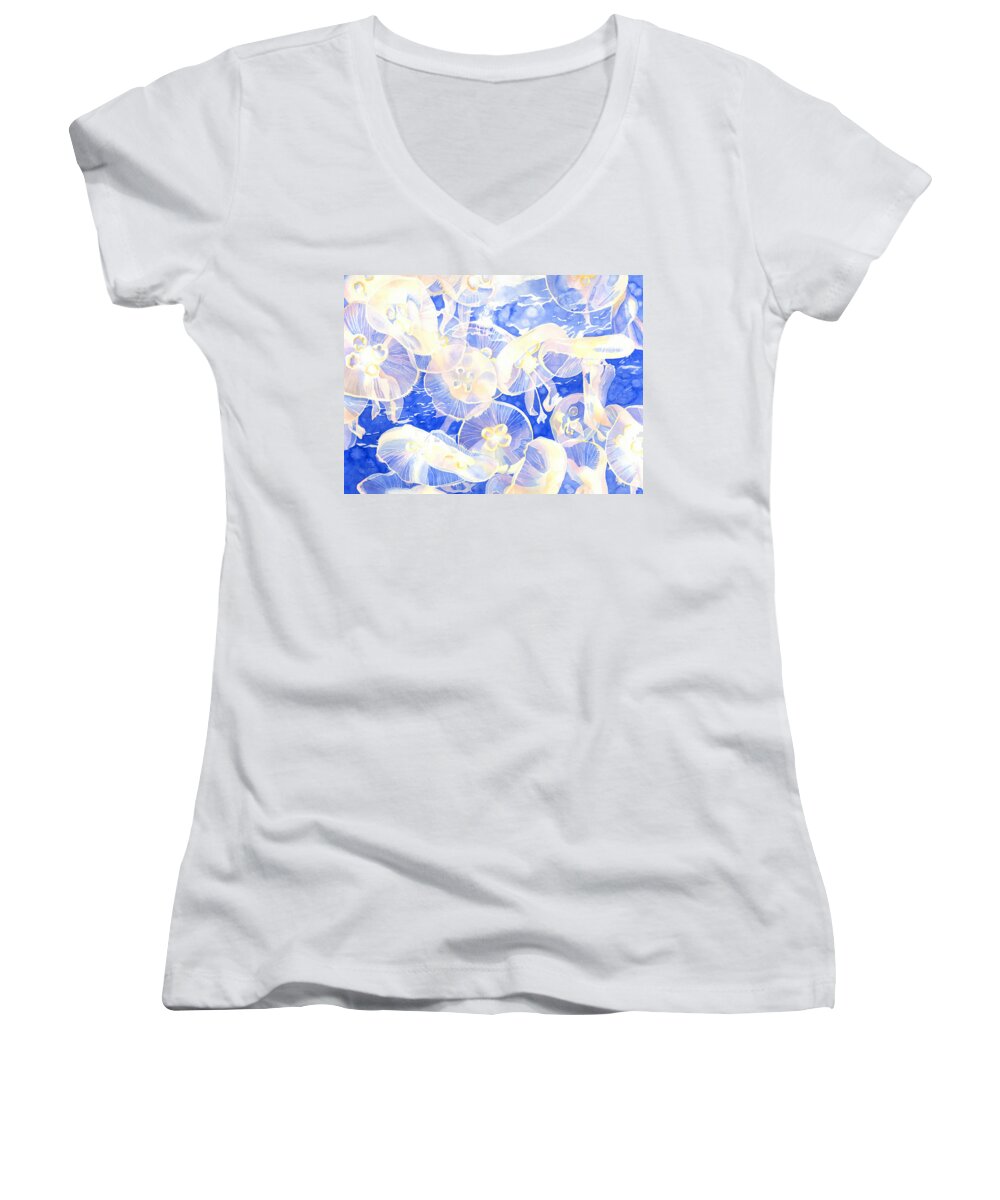 Moon Jellyfish Women's V-Neck featuring the painting Jellyfish Jubilee by Pauline Walsh Jacobson