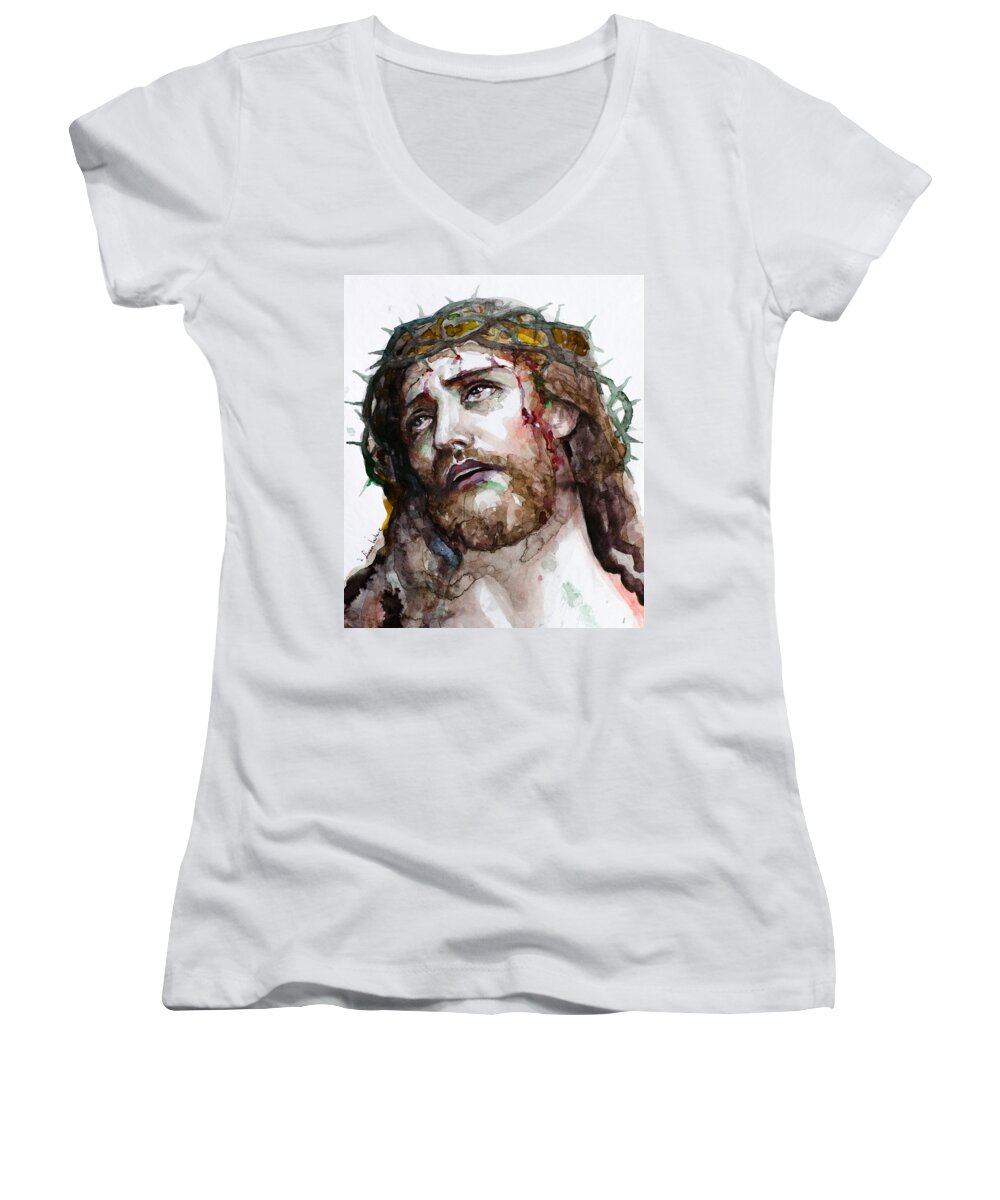 Jesus Christ Women's V-Neck featuring the painting The Suffering God by Laur Iduc
