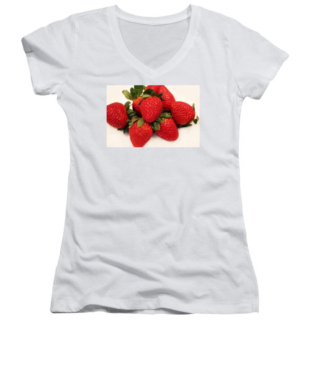 Juicy Strawberries Women's V-Neck featuring the photograph Juicy Strawberries by Barbara A Griffin