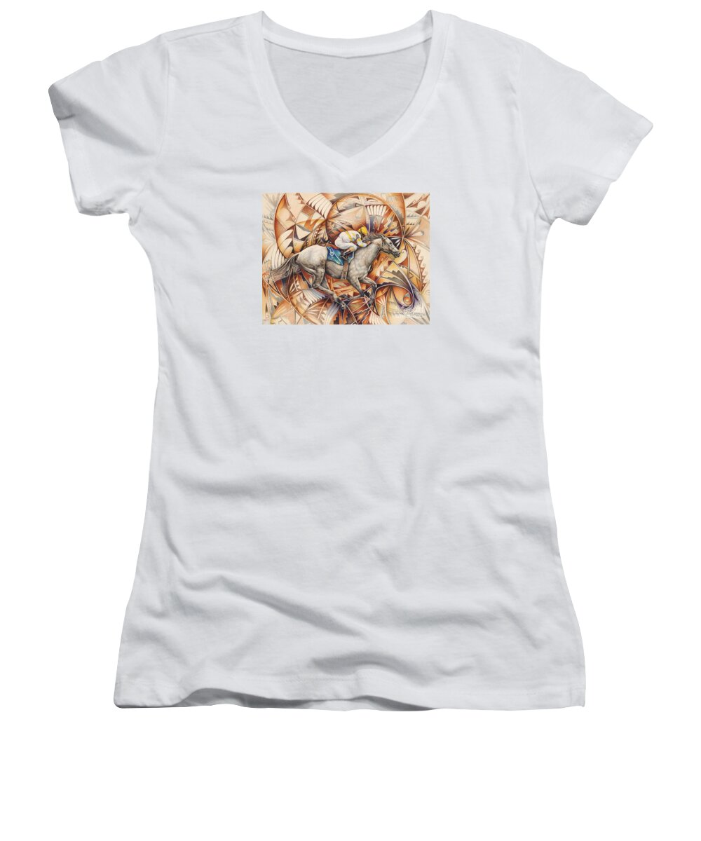 Colored-pencil Women's V-Neck featuring the painting Kaleidoscope Rider by Ricardo Chavez-Mendez