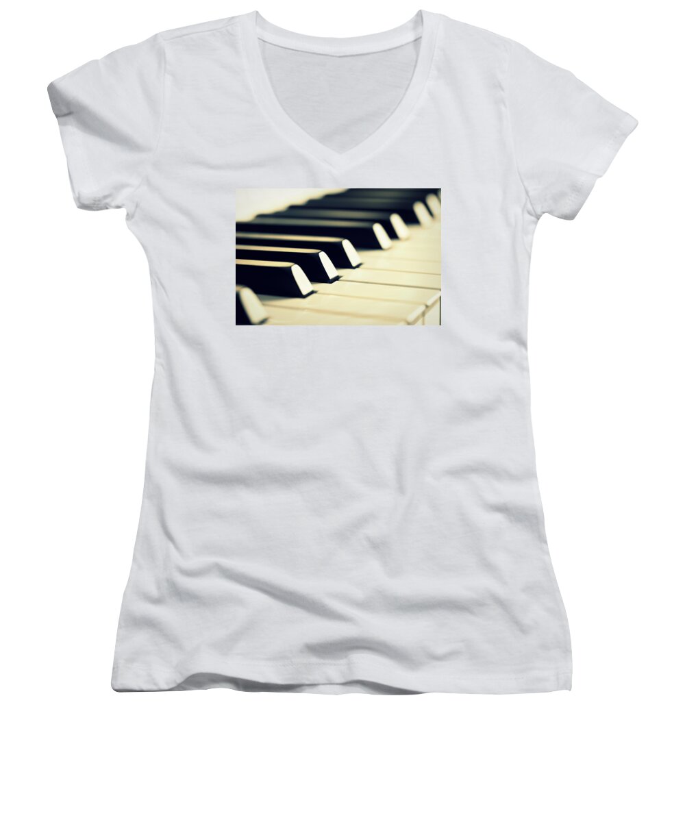 Piano Women's V-Neck featuring the photograph Keyboard of a Piano by Chevy Fleet
