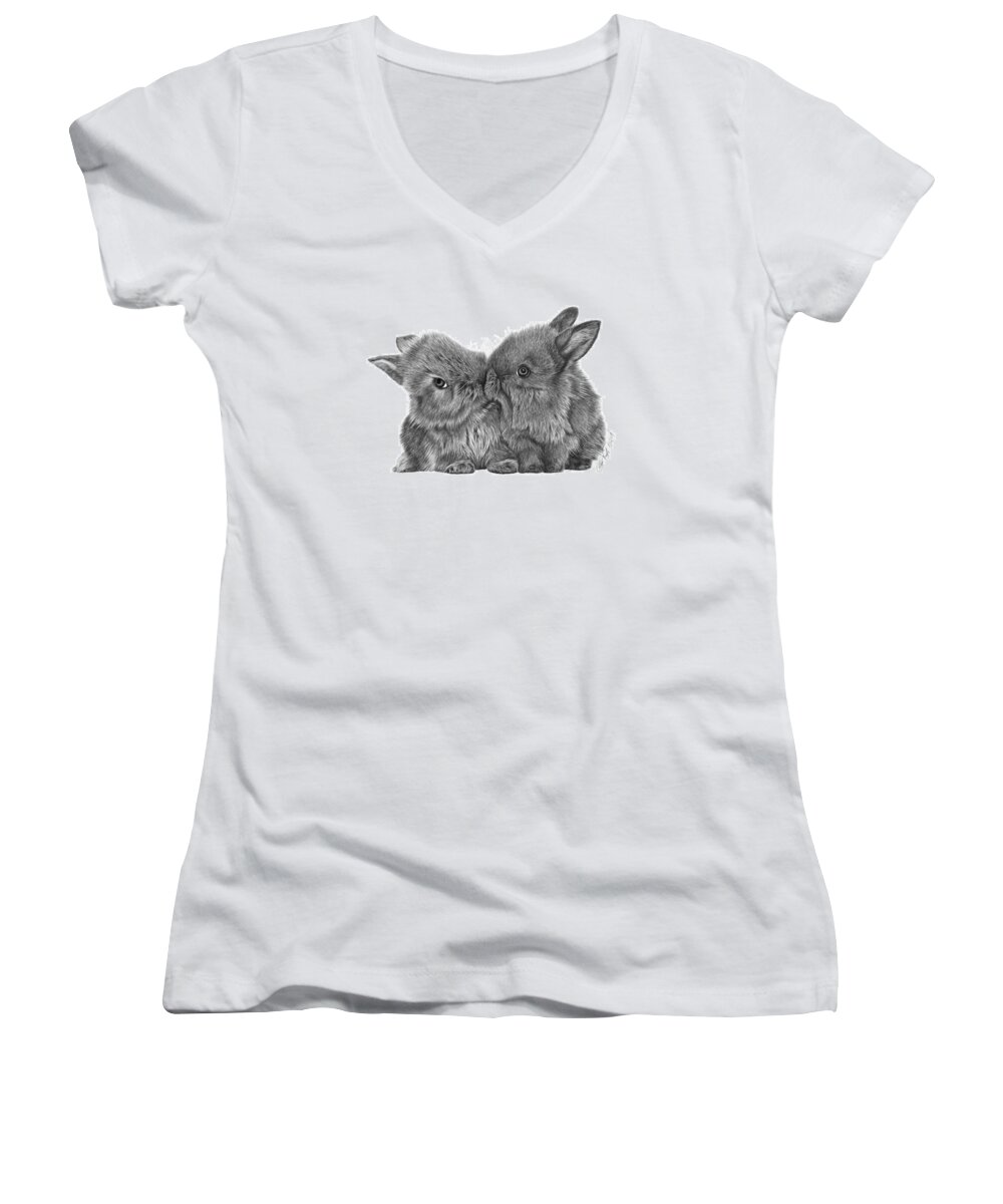  Animal Drawings Women's V-Neck featuring the drawing Kissing Bunnies - 035 by Abbey Noelle
