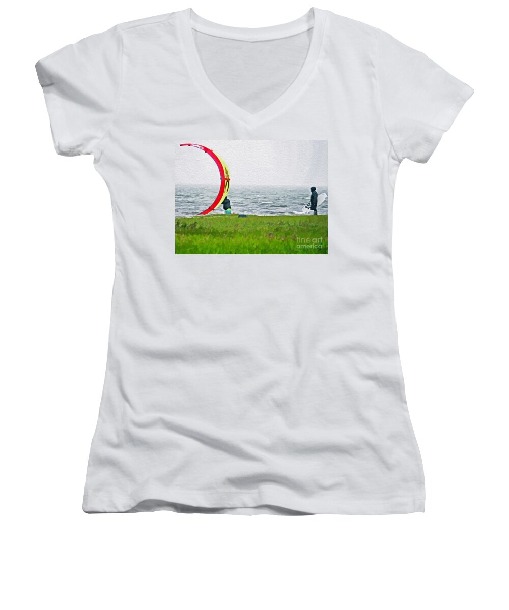 Vacation Women's V-Neck featuring the photograph Kite Boarder by Dawn Gari