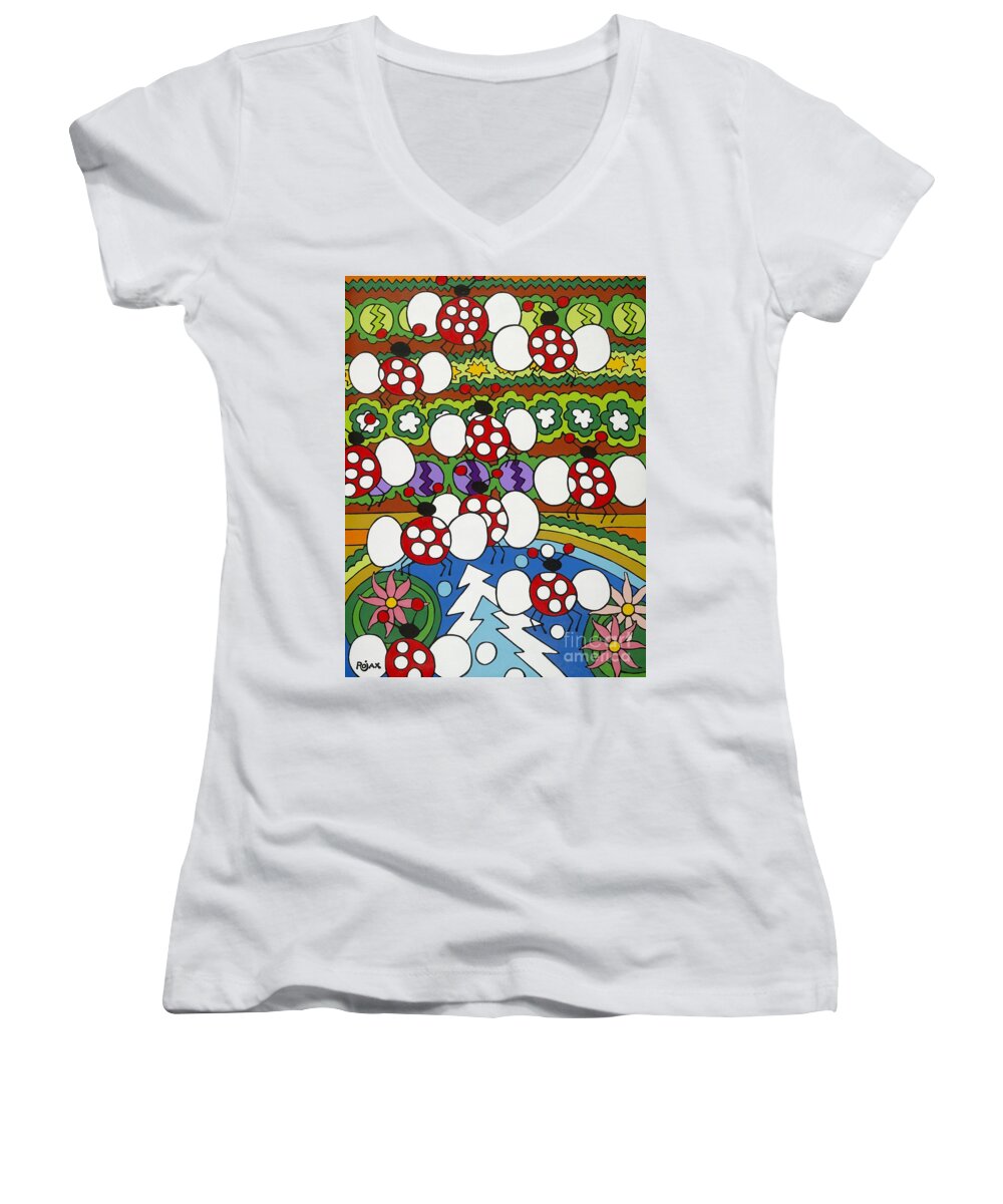 Lady Bugs Women's V-Neck featuring the painting Lady Bugs by Rojax Art