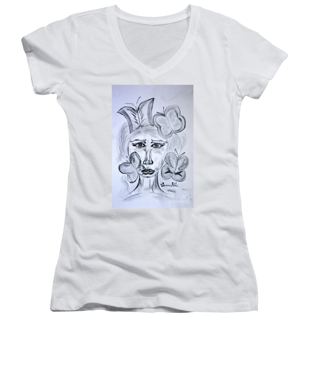 Woman Women's V-Neck featuring the drawing Lady Queen of Butterflies by Ramona Matei