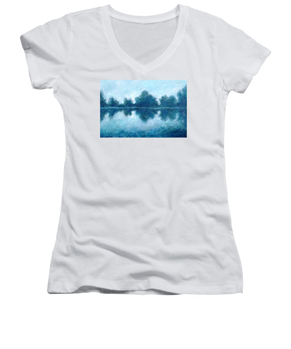 Lake Women's V-Neck featuring the painting Lake in the morning by Cristina Stefan