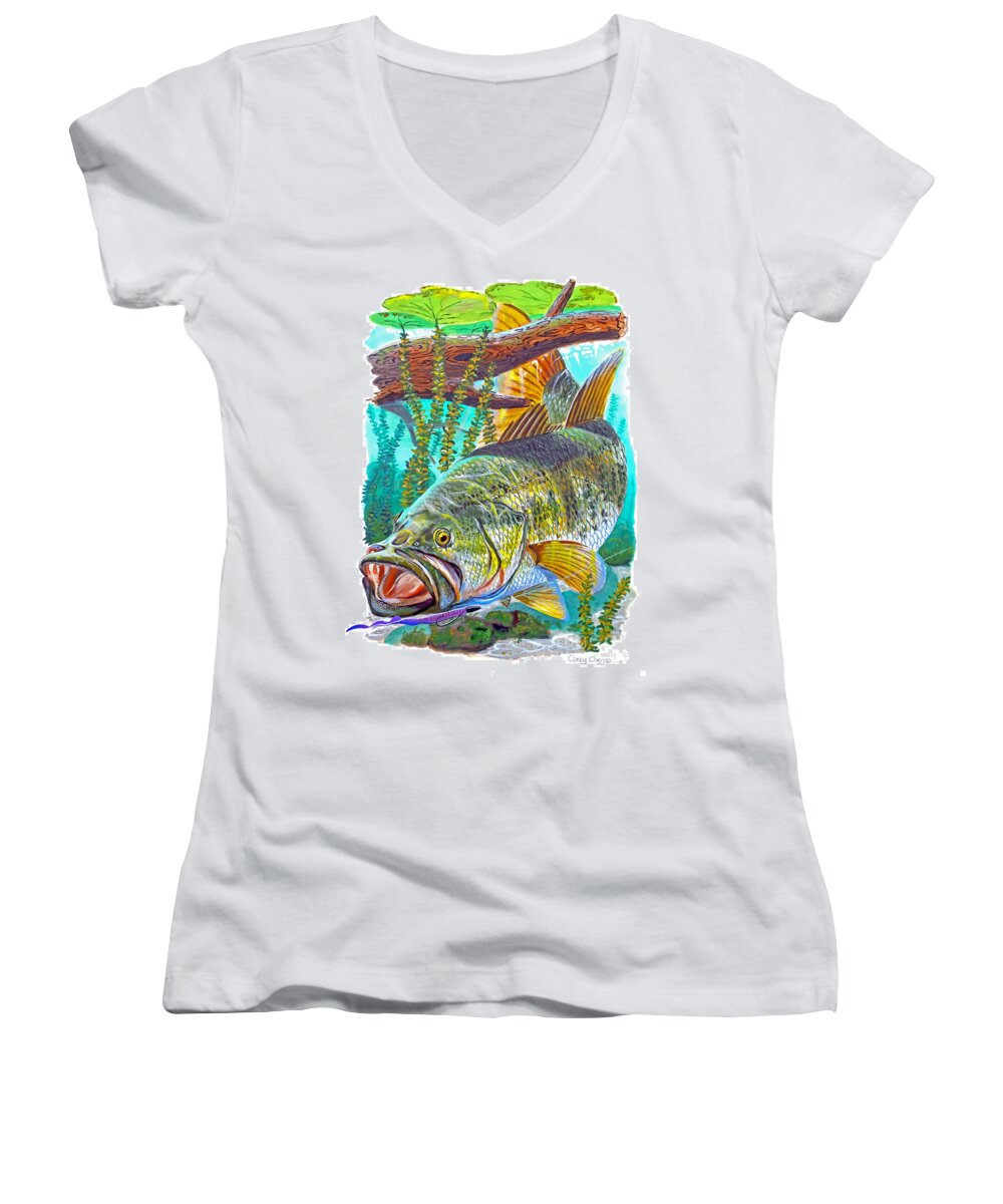 Gar Women's V-Neck featuring the painting Largemouth Bass by Carey Chen