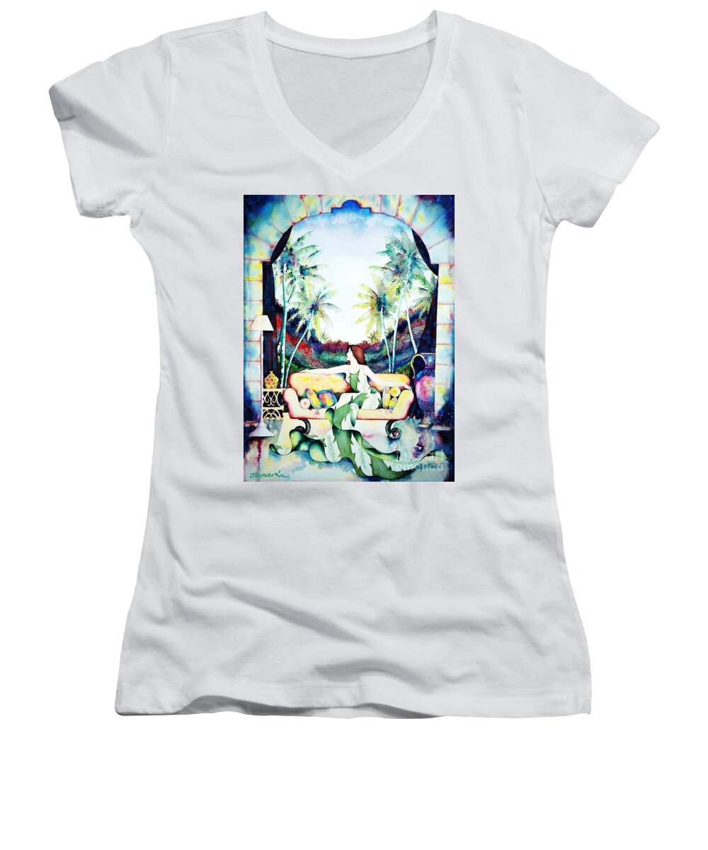 Exotic Women's V-Neck featuring the painting Laura by Frances Ku