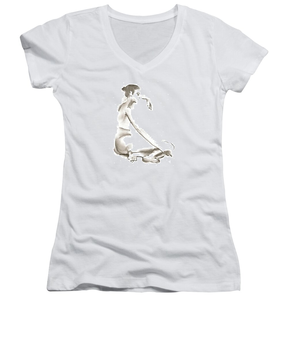 Nude Women's V-Neck featuring the drawing Leaning To The Side Lutar Sig by Marica Ohlsson