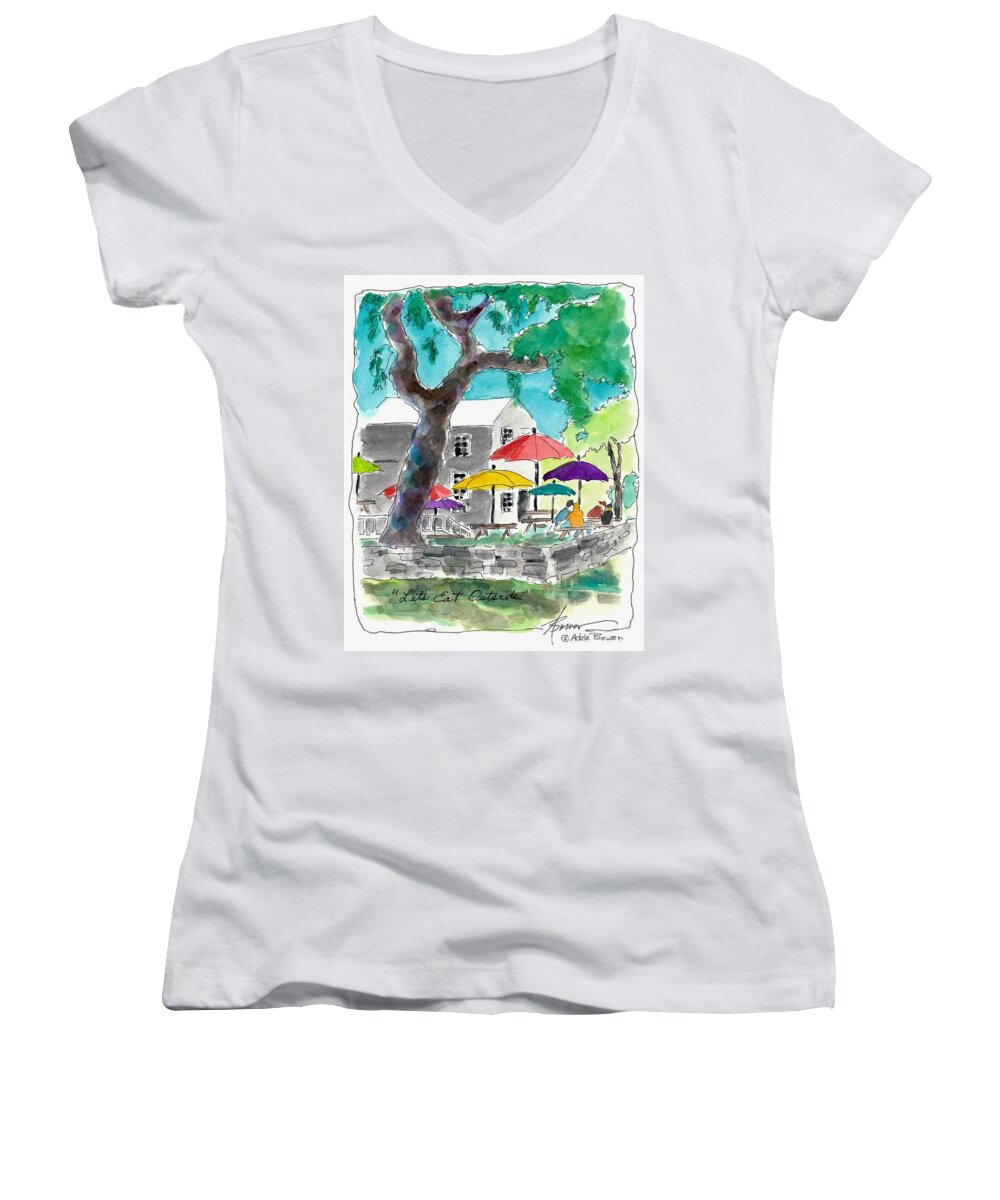 Outdoors Women's V-Neck featuring the painting Let's Eat Outside by Adele Bower