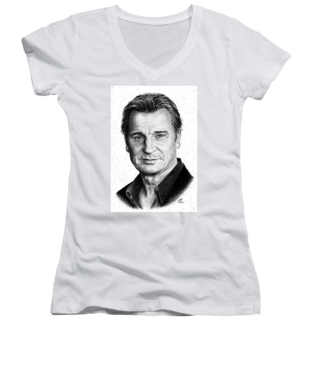 Liam Neeson Women's V-Neck featuring the drawing Liam Neeson by Andrew Read