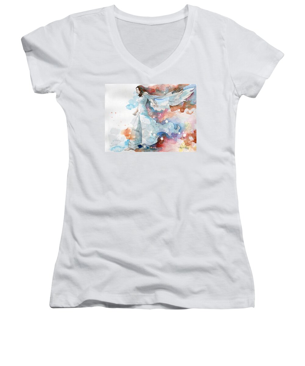 Angel Women's V-Neck featuring the painting Life the Universe and Everything by Sean Parnell