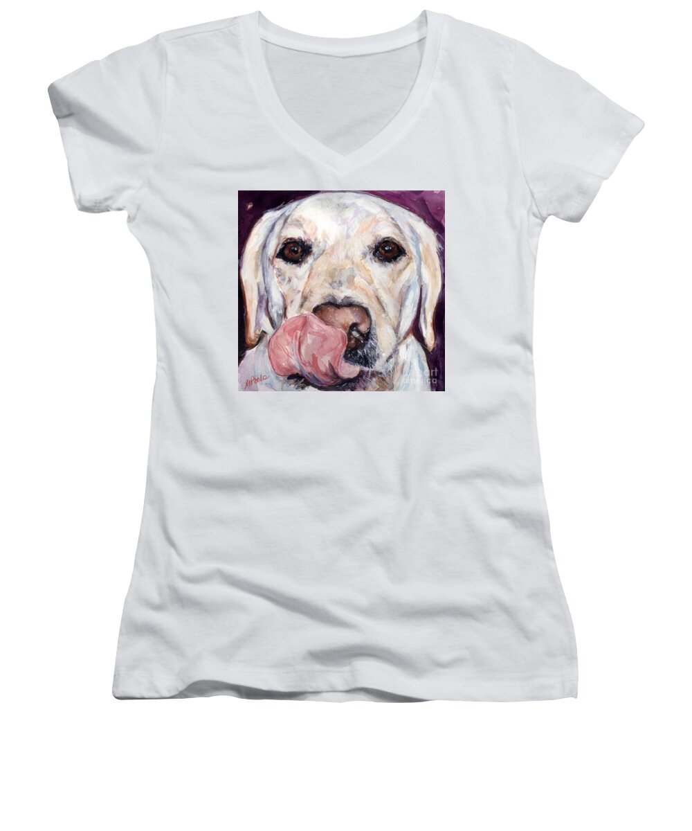 Yellow Lab Women's V-Neck featuring the painting Lip Smacker by Molly Poole