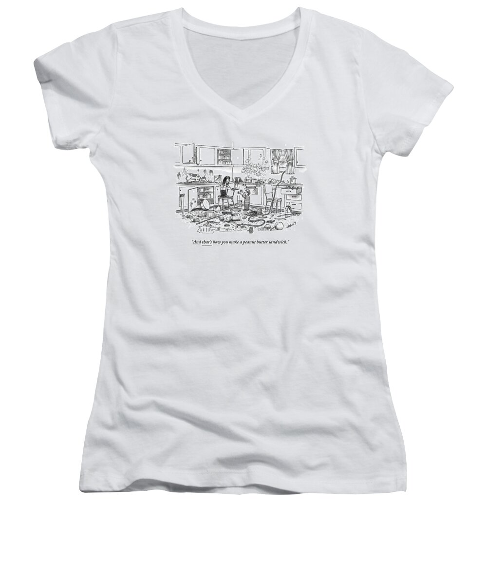 Recipes Women's V-Neck featuring the drawing Little Girl Handing A Little Boy A Sandwich by Tom Cheney