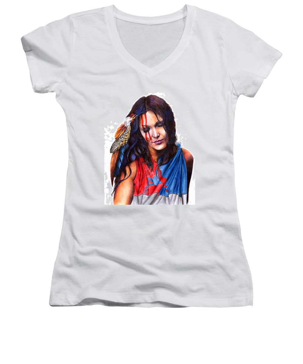 Girl Women's V-Neck featuring the drawing Living In Two Worlds by Peter Williams