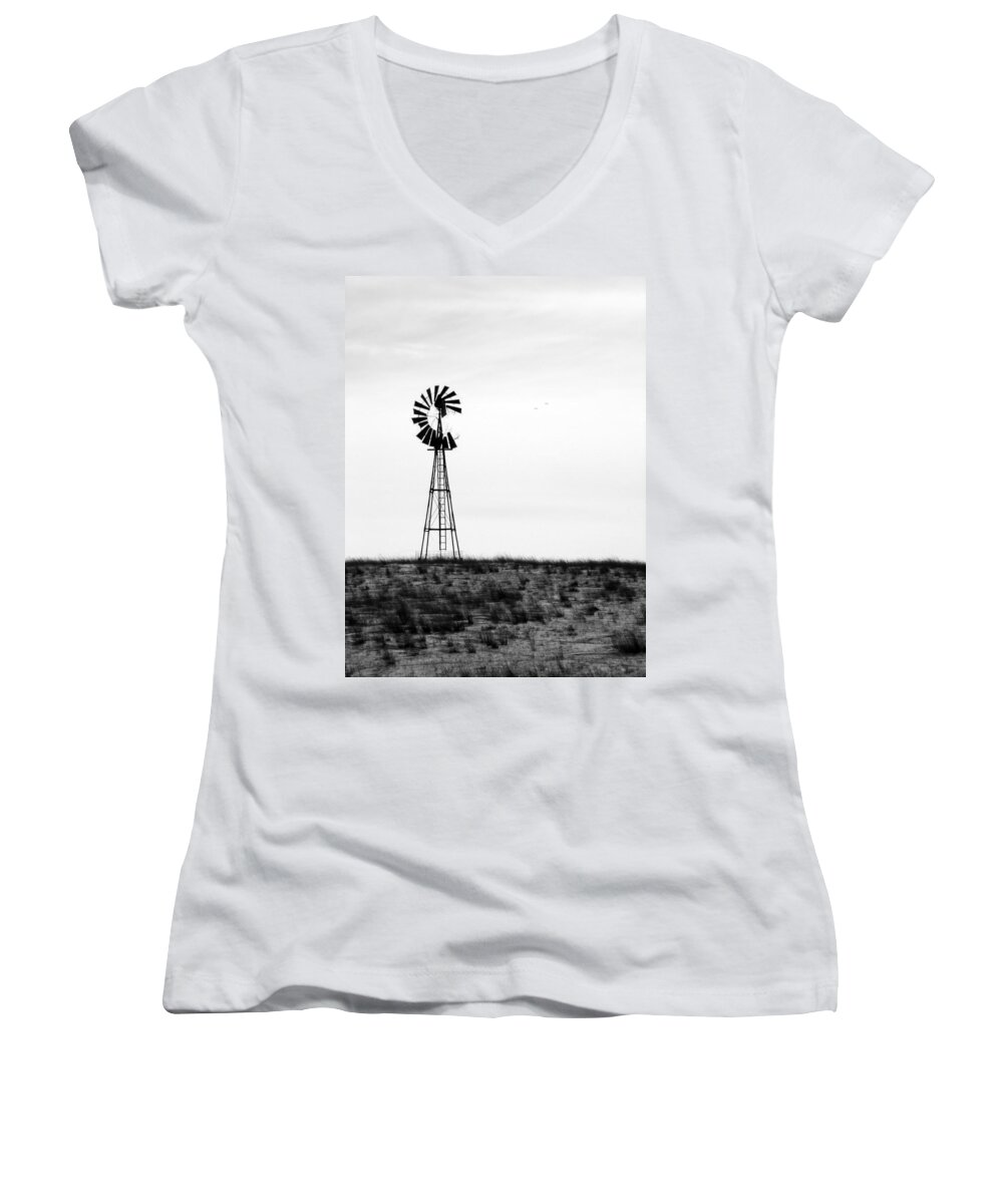 Windmill Women's V-Neck featuring the photograph Lone WindMill by Cathy Anderson