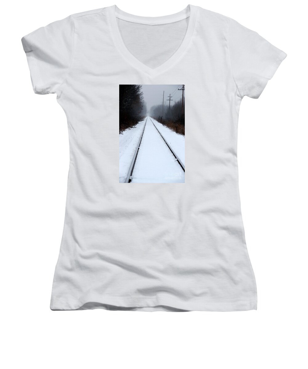 Train-rail Women's V-Neck featuring the photograph Lonesome Rail by Linda Shafer
