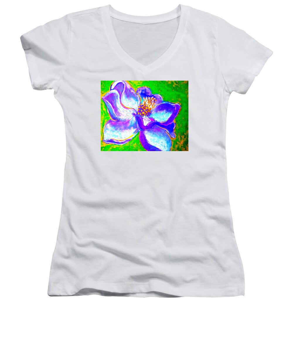 White Child's-room Childs Child's Room Vivid Drawing Sketch Loose Distinctive Funny Fun Cheerful Brighten Purple Blue Green Flowers Floral Flora Flowery Sun-flowery Living-room Bedroom Summer Spring Fall Autumn Sojisch Sun-flower Sun Women's V-Neck featuring the painting Magnolia Flower by Sue Jacobi