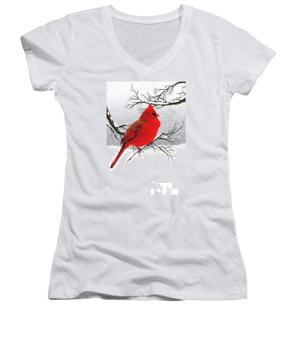 Male Women's V-Neck featuring the photograph Male Cardinal in Winter by Janette Boyd