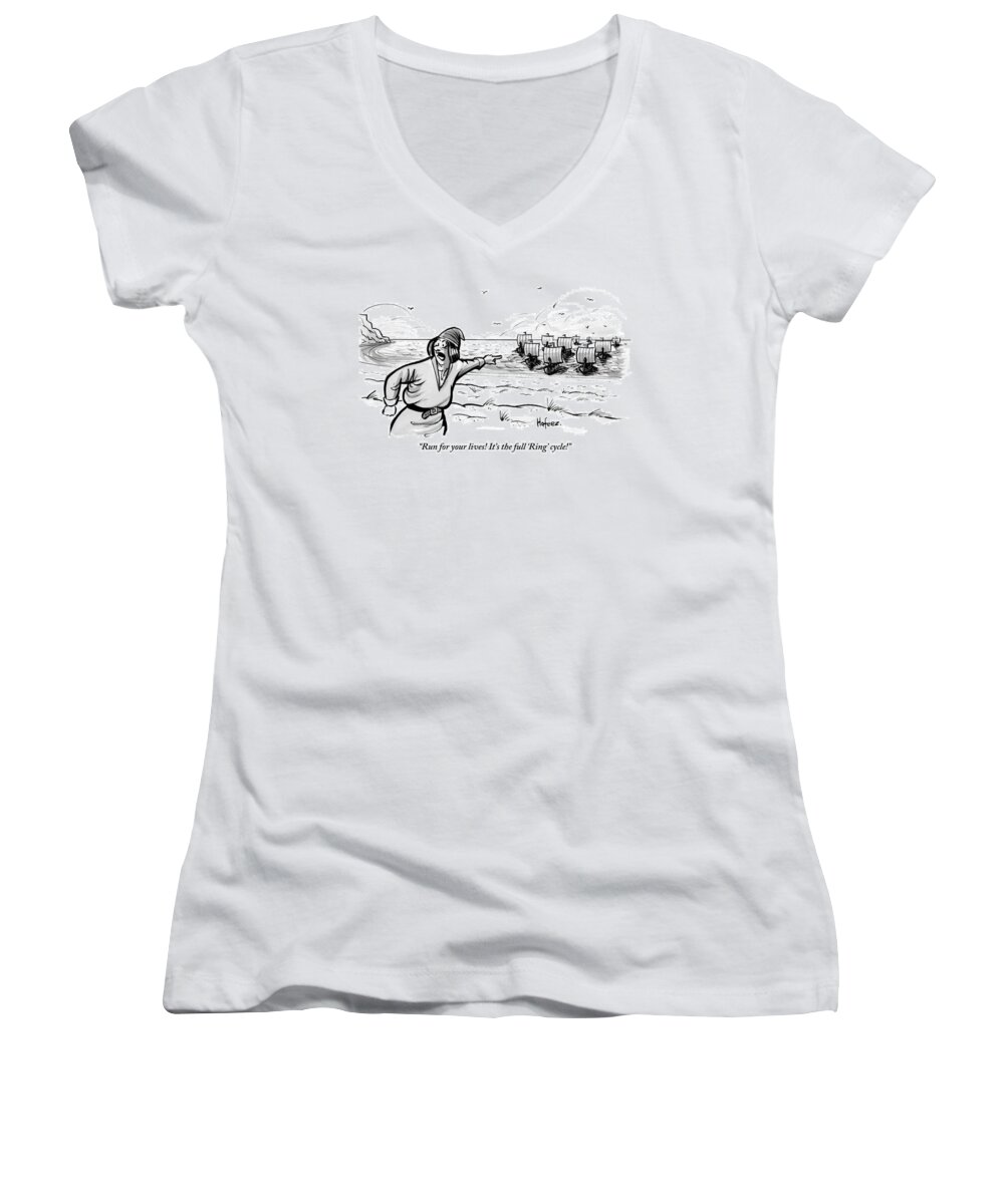 Run For Your Lives! It's The Full 'ring' Cycle!! Women's V-Neck featuring the drawing Man Standing On The Beach Screams As A Fleet by Kaamran Hafeez