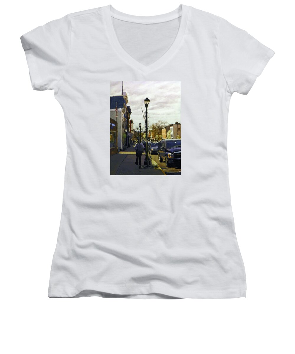 Music Women's V-Neck featuring the painting Man With Guitar on Warren by Kenneth Young