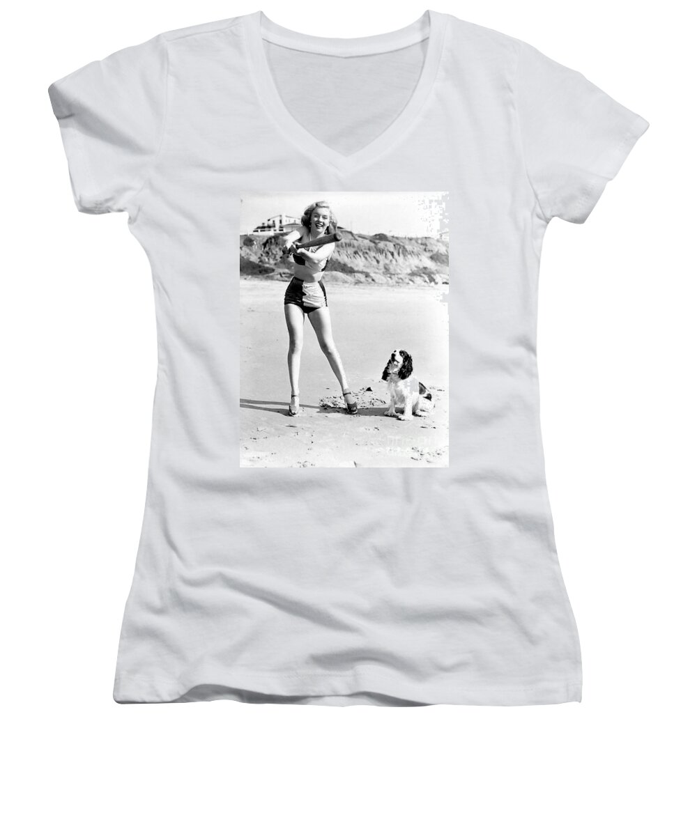 Marilyn Women's V-Neck featuring the photograph Marilyn playing baseball at the beach by Vintage Collectables