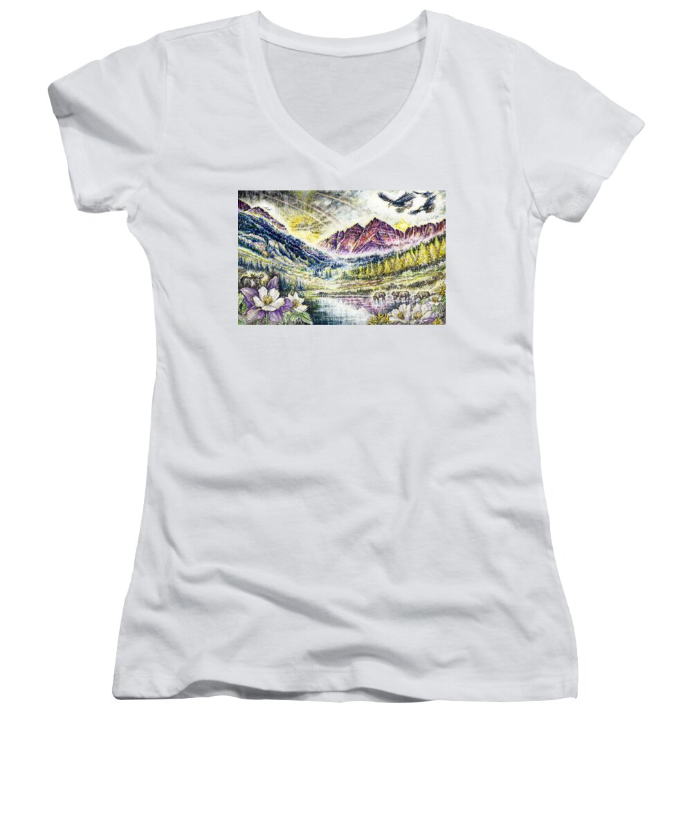 Landscape Women's V-Neck featuring the drawing Maroon Bells by Scott and Dixie Wiley