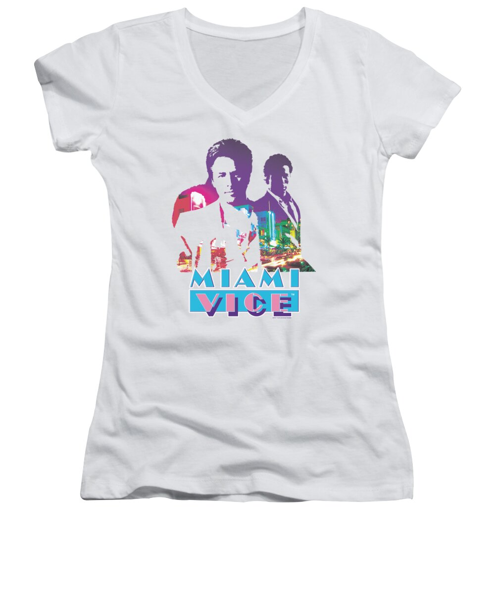 Miami Vice Women's V-Neck featuring the digital art Miami Vice - Crockett And Tubbs by Brand A