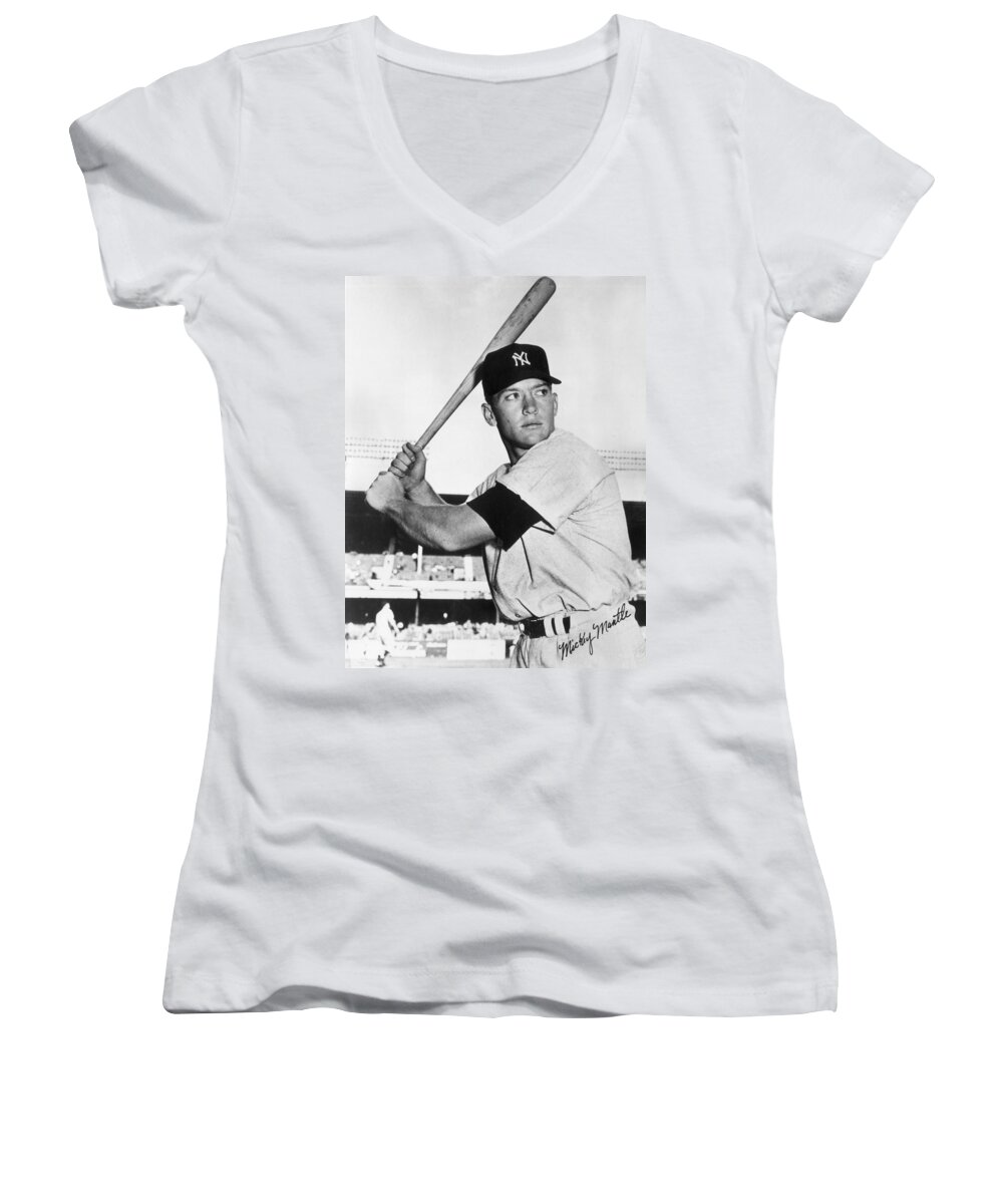 Mickey Women's V-Neck featuring the photograph Mickey Mantle at-bat by Gianfranco Weiss