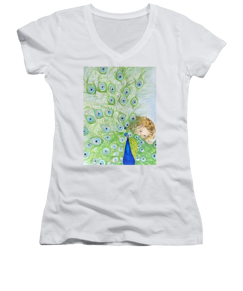 Peacock Women's V-Neck featuring the painting Mika and Peacock by Tamir Barkan