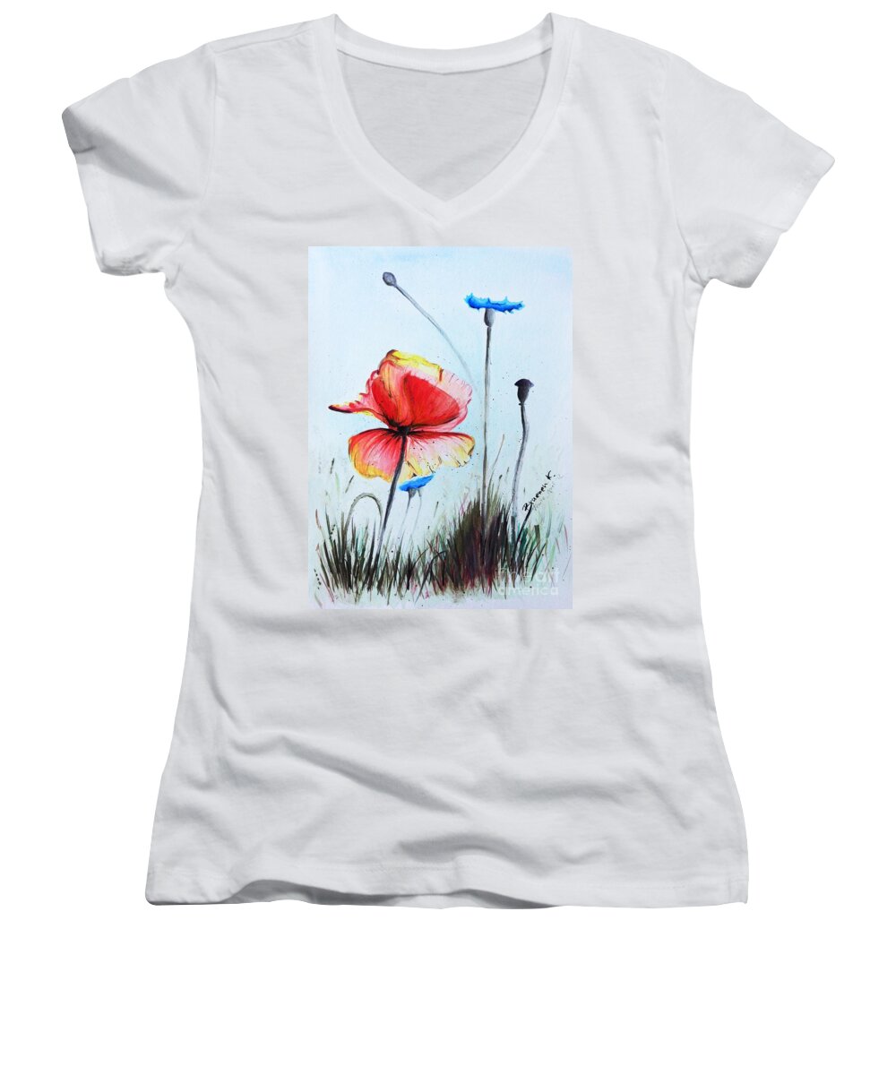 Mohnwiese Women's V-Neck featuring the painting Mohnwiese by Katharina Bruenen