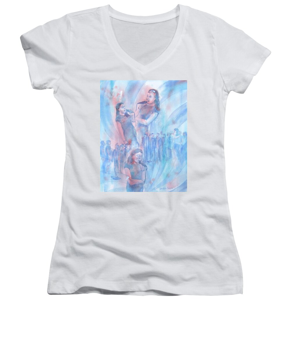 Watercolor Women's V-Neck featuring the painting Moods of Singing by Debbie Lewis