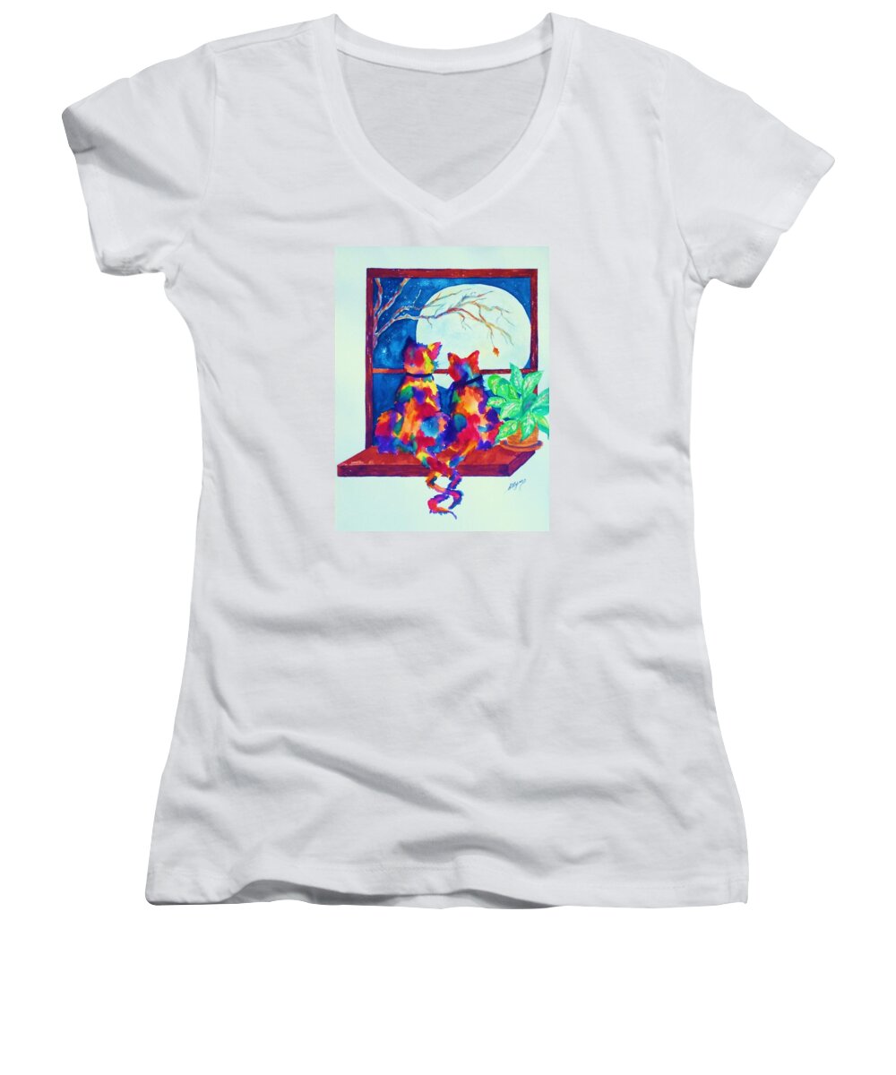 Cats Women's V-Neck featuring the painting Moonstruck ll by Ellen Levinson