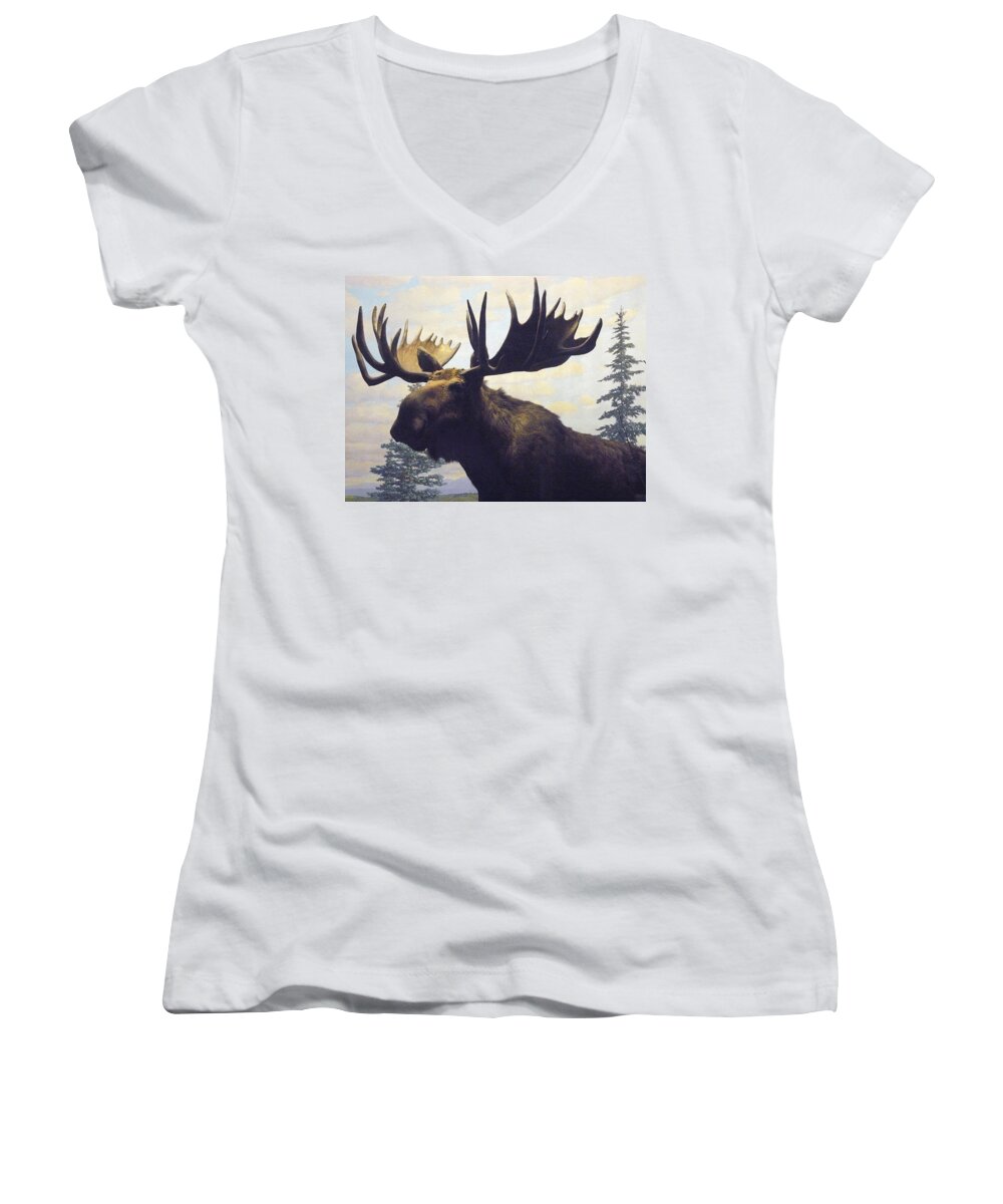 Nature Women's V-Neck featuring the photograph Moose Diorama by Mary Ann Leitch