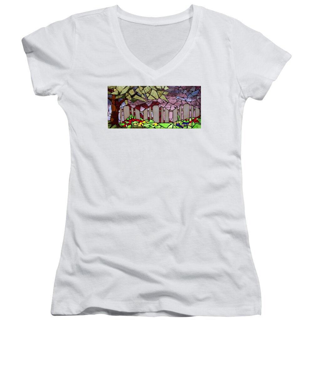 Fence Women's V-Neck featuring the glass art Mosaic Stained Glass - The Garden Fence by Catherine Van Der Woerd