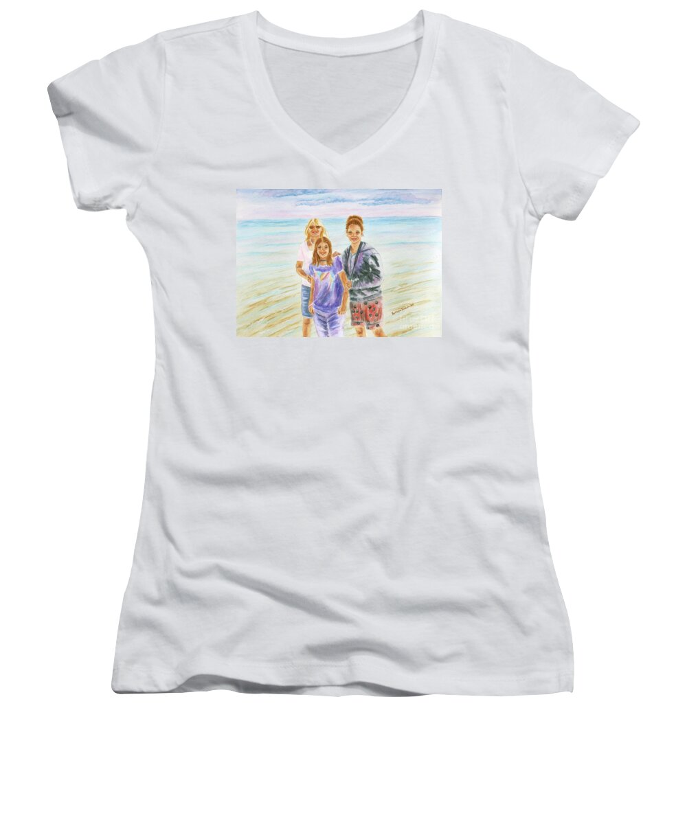 Portrait Women's V-Neck featuring the painting Mother and Daughters in Key West by Kathryn Duncan