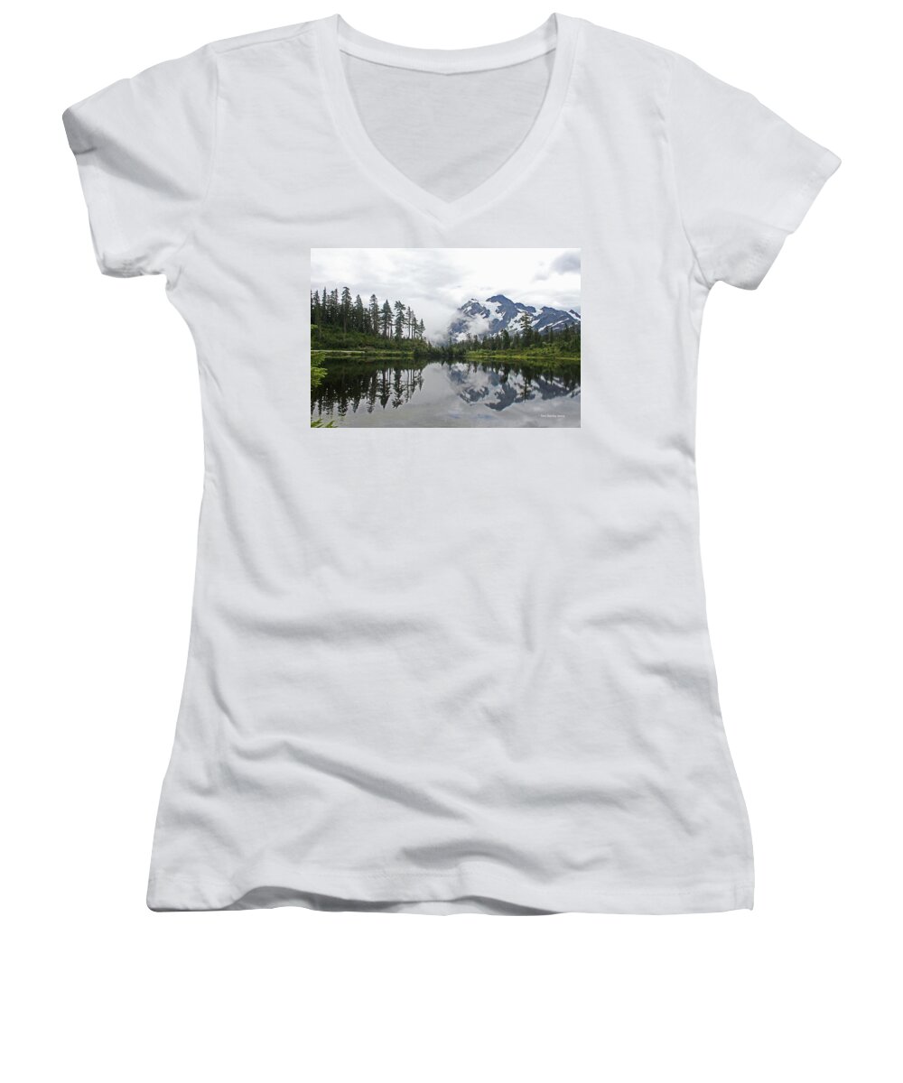 Mount Baker Women's V-Neck featuring the photograph Mount Baker- Lake- Fir Trees And Fog by Tom Janca