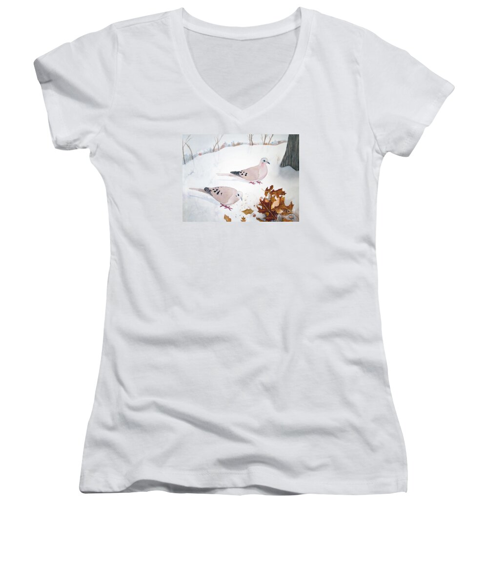 Mourning Doves Women's V-Neck featuring the painting Mourning Doves by Laurel Best