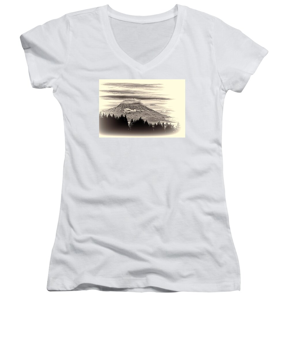 Mt. Rainier In B&w Women's V-Neck featuring the photograph Mt. Rainier WA in Black and White by Ron Roberts