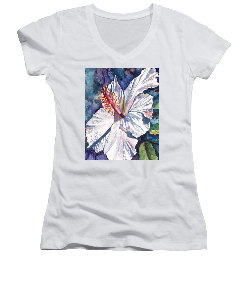 Hibiscus Women's V-Neck featuring the painting Native Hawaiian Hibiscus by Marionette Taboniar