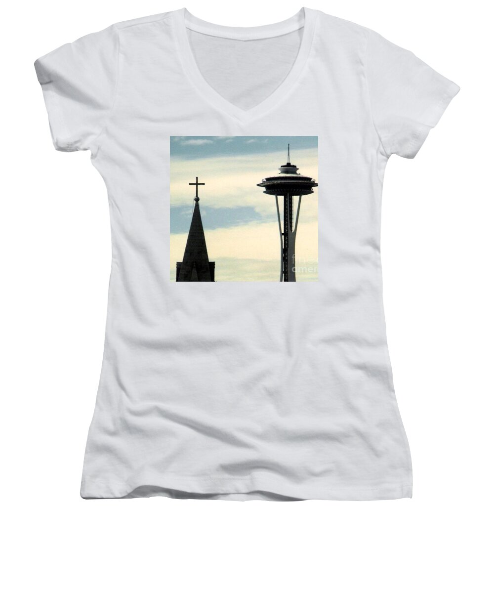 Seattle Women's V-Neck featuring the photograph Seattle Washington Space Needle Steeple And Cross by Michael Hoard