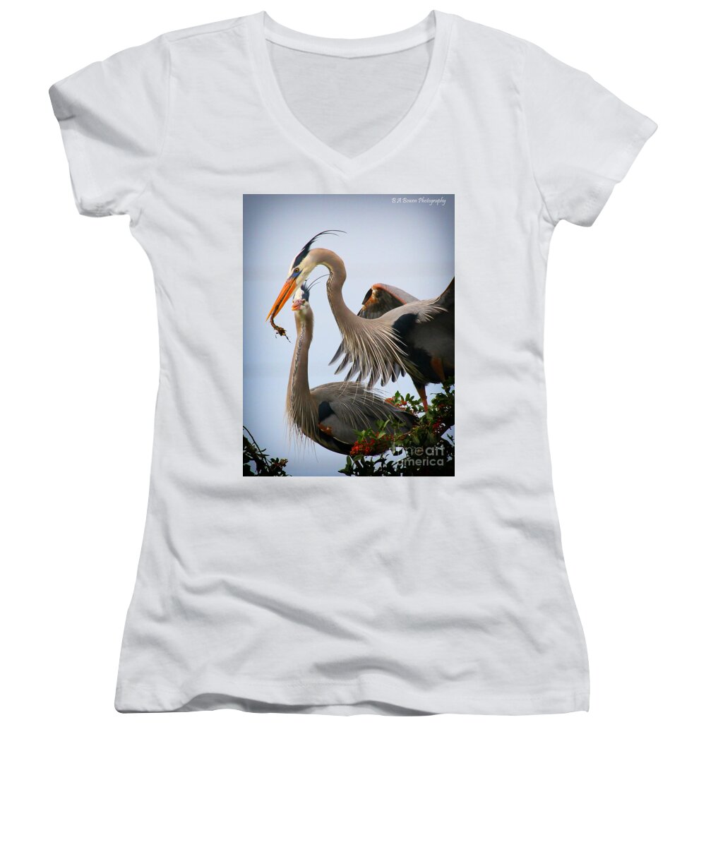 Great Blue Heron Women's V-Neck featuring the photograph Nestbuilding by Barbara Bowen