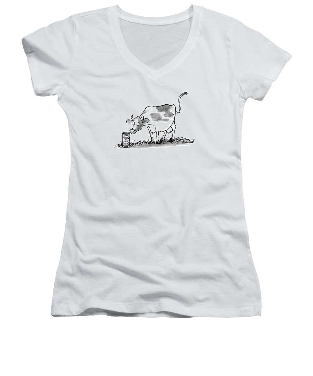 (a Cow In A Meadow Looks At A Can With That Has A Label On It That Reads )
Animals Women's V-Neck featuring the drawing New Yorker March 7th, 1988 by Frank Modell